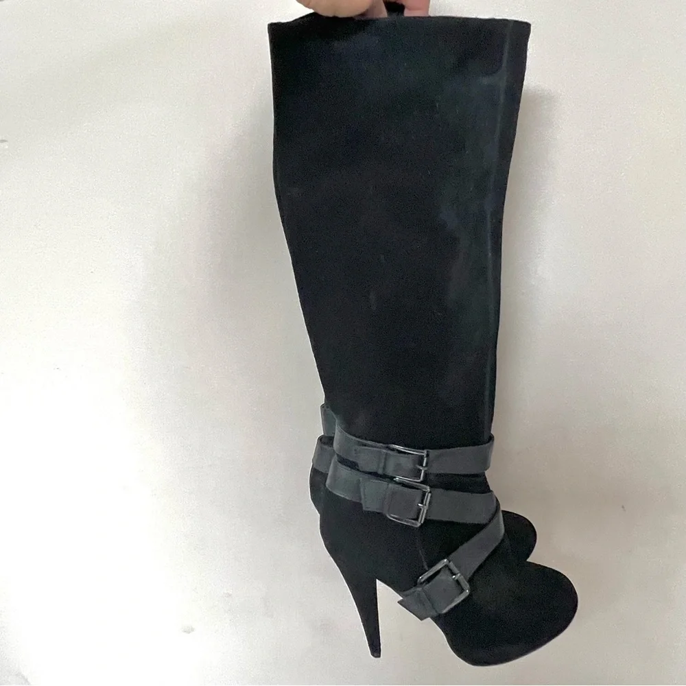 ALDO black suede knee strappy buckle heel boots women size 36